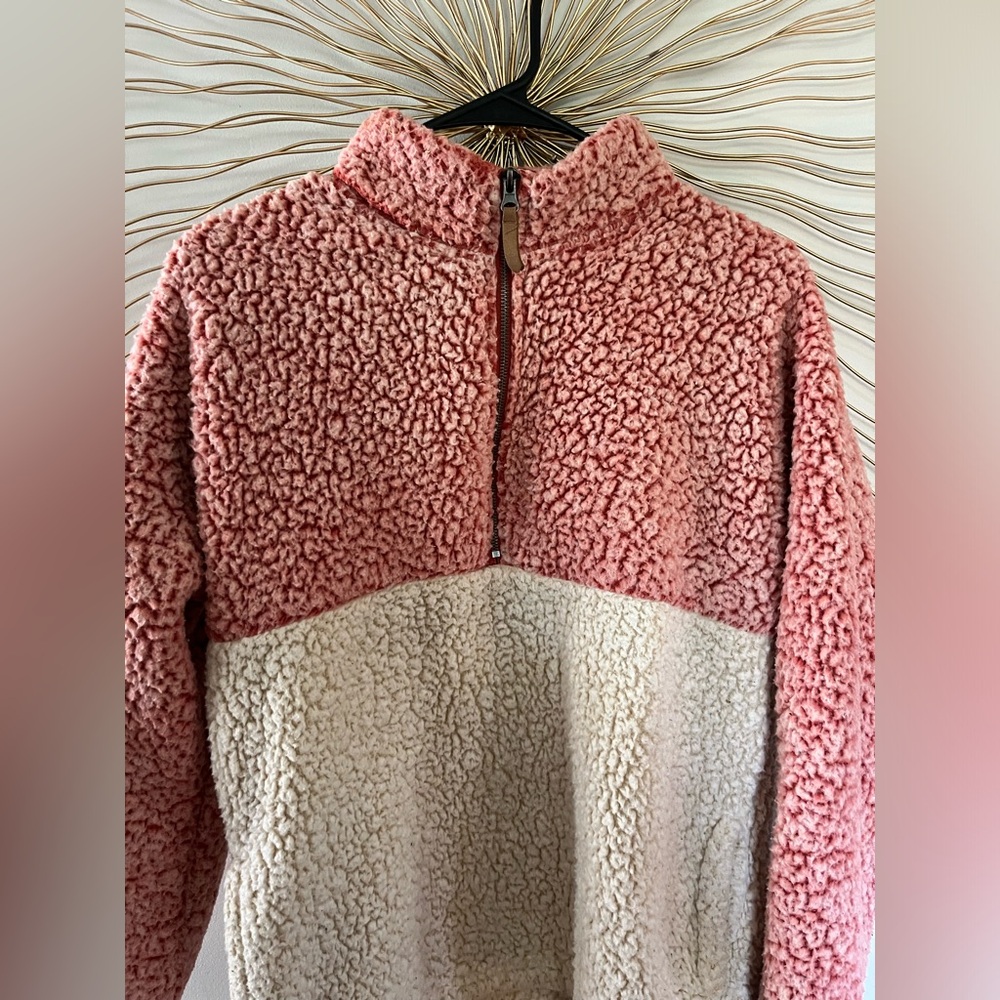 Time and Tru Women's Sherpa Pullover Sweater Quarter Zip Size Medium red/Beige